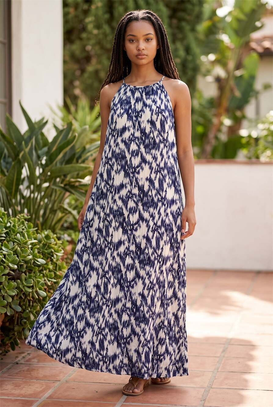 Forever 21 Blue and White Ikat Print Spaghetti Strap Maxi Dress